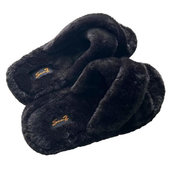 Seven 7 Fluffy Black Kiki Faux Fur Slide Women’s rosa Straps Size 6 - Picture 2 of 8